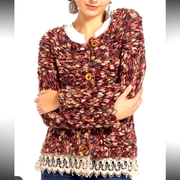 Anthropologie HWR Lace Trim Multicolor Chunky Wool Cardigan Sweater Size M - Picture 1 of 6